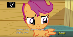 Size: 1920x975 | Tagged: safe, derpibooru import, screencap, scootaloo, pony, the fault in our cutie marks, discovery family logo, meme, tv-y, wow, youtube caption