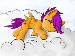 Size: 2000x1500 | Tagged: safe, artist:minosua, derpibooru import, scootaloo, cloud, cute, cutealoo, cutie mark, fluffy, sleeping, smiling, solo, spread wings, the cmc's cutie marks