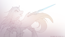 Size: 1280x720 | Tagged: safe, artist:antiander, derpibooru import, oc, oc only, pony, unicorn, armor, cloak, clothes, frostmourne, lineart, monochrome, raised hoof, solo, sword, weapon