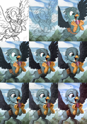 Size: 2040x2880 | Tagged: safe, artist:assasinmonkey, derpibooru import, gabby, griffon, the fault in our cutie marks, badge, bag, happy, open mouth, progress, sketch, solo, wip