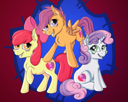 Size: 903x720 | Tagged: safe, artist:ambergerr, derpibooru import, apple bloom, scootaloo, sweetie belle, cutie mark, cutie mark crusaders, smiling, the cmc's cutie marks