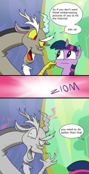 Size: 2481x4835 | Tagged: safe, artist:doublewbrothers, edit, discord, twilight sparkle, twilight sparkle (alicorn), alicorn, pony, celestial advice, absurd resolution, anger magic, annoyed, backfire, blackmail, comic, dialogue, female, looking at you, magic, male, mare, onomatopoeia, petrification, smiling, sound effects, speech bubble, stallion, statue
