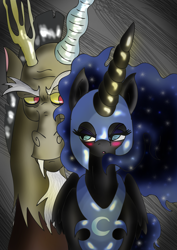 Size: 2480x3507 | Tagged: safe, artist:alcasar-reich, derpibooru import, discord, nightmare moon, nightmarecord, shipping