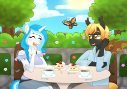 Size: 1600x1132 | Tagged: safe, artist:kaikururu, derpibooru import, oc, oc only, oc:bubble lee, oc:rege liliac, oc:regina liliac, anthro, bat pony, butterfly, unicorn, anthro oc, cake, couple, date, female, food, laughing, male, rule 63, straight