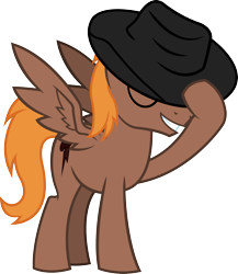 Size: 1896x2181 | Tagged: safe, artist:outlawedtofu, derpibooru import, oc, oc only, oc:calamity, pegasus, pony, fallout equestria, fanfic, fanfic art, hat, hat tip, male, simple background, smiling, solo, stallion, transparent background, vector, wings