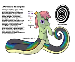 Size: 1200x1000 | Tagged: safe, artist:mightyshockwave, derpibooru import, oc, oc only, oc:prince serpis, lamia, original species, snake, crown, hypnosis, iridescence, jewelry, reference sheet, regalia, solo