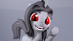 Size: 2400x1350 | Tagged: safe, artist:hellhounds04, derpibooru import, oc, oc only, oc:shelby, pony, unicorn, 3d, cute, fangs, female, gray background, looking at you, mare, ocbetes, simple background, slit eyes, solo, source filmmaker, underhoof, waving