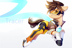 Size: 1500x1000 | Tagged: safe, artist:rocy canvas, derpibooru import, crossover, goggles, overwatch, ponified, solo, tracer