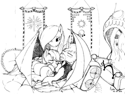 Size: 2084x1581 | Tagged: safe, artist:aerthmanolo, derpibooru import, oc, oc only, oc:docvolt, oc:polaris, oc:sweet pen, fireplace, lineart, monochrome, sleepover, traditional art