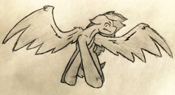 Size: 3264x1781 | Tagged: safe, artist:toothpastethy, derpibooru import, pegasus, pony, bad anatomy, crying, disproportionate, eyes closed, large wings, negative space, shading, simple background, sketch, solo, spread wings, traditional art