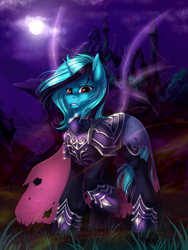 Size: 1500x2000 | Tagged: safe, artist:limreiart, derpibooru import, oc, oc only, oc:lika, pony, unicorn, armor, cape, castle, clothes, moon, night, solo