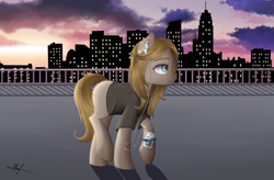 Size: 2768x1816 | Tagged: safe, artist:ashleyjaneworld, derpibooru import, oc, oc only, earth pony, pony, bandaid, city, clothes, ear fluff, earbuds, ipod, mp3 player, raised leg, shirt, solo, t-shirt, watch