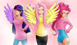 Size: 1500x883 | Tagged: safe, artist:jessiexie, derpibooru import, fluttershy, pinkie pie, twilight sparkle, twilight sparkle (alicorn), alicorn, human, clothes, flutterr mlh, horned humanization, humanized, leotard, one eye closed, pants, shirt, spread wings, winged humanization, wink