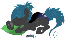 Size: 929x567 | Tagged: safe, artist:divergentassailant, artist:ponyponyena, derpibooru import, oc, oc only, oc:flightless, changeling, changeling oc, color palette, hair tie, pillow, scar, simple background, sleeping, solo, transparent background