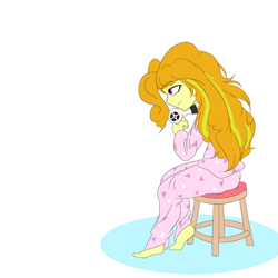 Size: 1000x1000 | Tagged: safe, artist:wookylee, derpibooru import, adagio dazzle, equestria girls, chair, clothes, hair dryer, headphones, loose hair, messy hair, pajamas, simple background, solo