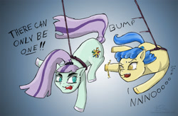 Size: 1200x785 | Tagged: safe, artist:wag-tail, derpibooru import, coloratura, sapphire shores, countess coloratura, hanging, rope, swinging, there can be only one