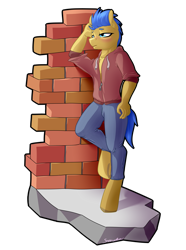 Size: 3786x5100 | Tagged: safe, artist:strachattack, derpibooru import, oc, oc only, oc:excalibur, anthro, unguligrade anthro, absurd resolution, against wall, bored, brick wall, clothes, commission, hoodie, pants, raised leg, solo, tired