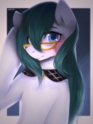 Size: 1500x2000 | Tagged: safe, artist:shilzumi, derpibooru import, cloudy quartz, earth pony, pony, adoraquartz, alternate hairstyle, blushing, cute, female, glasses, looking at you, mare, solo