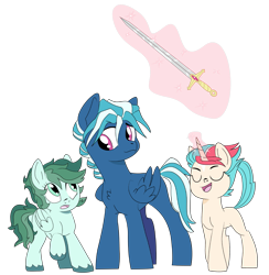 Size: 1111x1139 | Tagged: safe, artist:dbkit, derpibooru import, oc, oc only, oc:cricket medley, oc:lirico, oc:sabre dance, offspring, parent:princess cadance, parent:shining armor, parents:shiningcadance, sword, weapon