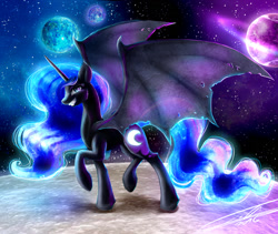 Size: 1600x1350 | Tagged: safe, artist:yummiestseven65, derpibooru import, nightmare moon, bat pony, pony, bat wings, fluffy, glowing mane, grin, looking at you, moon, planet, raised hoof, raised leg, smiling, smirk, solo, space, stars