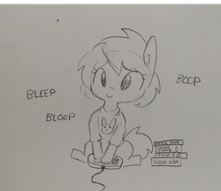 Size: 1280x1106 | Tagged: safe, artist:tjpones, oc, oc only, earth pony, pony, bleep, bloop, boop, clothes, controller, grayscale, horse game, lineart, monochrome, shirt, sitting, solo, traditional art, video game