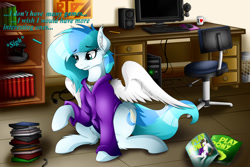 Size: 1280x853 | Tagged: safe, derpibooru import, oc, oc only, oc:colarix, pony, choker, clothes, computer, ear fluff, fluffy, hoodie, solo, video game, wing fluff