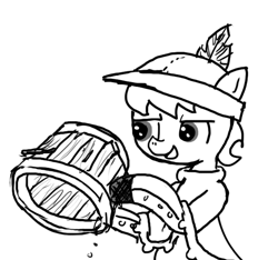 Size: 640x600 | Tagged: safe, artist:ficficponyfic, derpibooru import, oc, oc only, oc:ruby rouge, earth pony, pony, bucket, child, clothes, colt quest, dress, feather, female, filly, foal, grin, hat, leggings, monochrome, smiling, sneer, solo focus, story included, tomboy, water