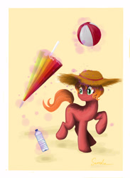 Size: 2200x3000 | Tagged: safe, artist:sweeterwho, derpibooru import, oc, oc only, pony, unicorn, beach ball, beach umbrella, bottle, hat, magic, solo, straw hat, umbrella, water, water bottle