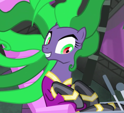 Size: 719x653 | Tagged: safe, derpibooru import, screencap, mane-iac, earth pony, pony, power ponies (episode), season 4, bust, grin, head turn, looking down, portrait, smiling, solo