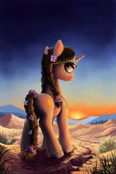 Size: 1000x1500 | Tagged: safe, artist:nemo2d, derpibooru import, oc, oc only, oc:sun lotus, pony, unicorn, braid, depth of field, desert, female, flower, flower in hair, fluffy, jewelry, mare, rear view, scenery, signature, solo, sunset