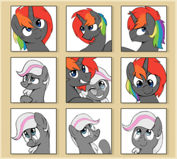 Size: 1947x1753 | Tagged: safe, artist:va1ly, derpibooru import, oc, oc only, oc:jannie daze, oc:krylone, earth pony, pony, unicorn, bust, glasses, jannielone, male, portrait, rainbow hair, stallion