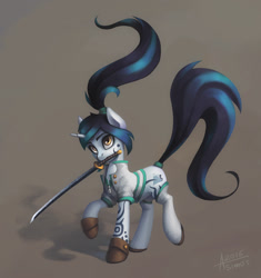 Size: 1924x2044 | Tagged: safe, artist:asimos, derpibooru import, oc, oc only, oc:mysterious avalanche, mouth hold, solo, sword, weapon