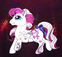 Size: 1025x953 | Tagged: safe, artist:lilsugarberry, derpibooru import, g3, animation cel, breast cancer, breast cancer awareness pony, solo, traditional art