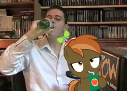 Size: 493x353 | Tagged: safe, derpibooru import, edit, button mash, earth pony, human, pony, alcohol, angry video game nerd, apple juice, beer, colt, crossover, drinking, irl, irl human, juice, male, photo, ponies in real life, rolling rock, vector