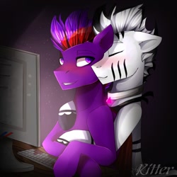 Size: 1080x1080 | Tagged: safe, artist:ritter, oc, oc only, oc:purple force, oc:zerus, pegasus, pony, zebra, bandana, blushing, collar, computer, cute, eyes closed, gay, hug, male, oc x oc, shipping, smiling, stallion, stripes