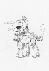 Size: 1020x1463 | Tagged: safe, artist:snytchell, derpibooru import, fallout equestria, fallout, flamethrower, looking at you, monochrome, ponified, sentry bot, sketch, weapon