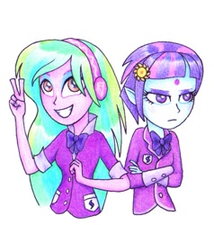 Size: 1031x1085 | Tagged: safe, artist:maran-zelde, lemon zest, sunny flare, equestria girls, alternate universe, duo, fanfic, fanfic art, peace sign, traditional art