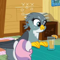 Size: 524x524 | Tagged: safe, derpibooru import, screencap, gabby, scootaloo, sweetie belle, griffon, the fault in our cutie marks, animated, cute, drinking, eyes closed, food, gabbybetes, gif, juice, orange, orange juice, solo focus