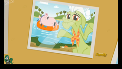 Size: 1366x768 | Tagged: safe, derpibooru import, screencap, granny smith, pig, pony, every little thing she does, discovery family logo, inner tube, lake, photo, picture, shrug