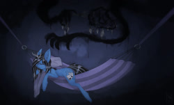 Size: 1280x775 | Tagged: safe, artist:lonerdemiurge_nail, derpibooru import, oc, oc only, oc:silver lining, pony, unicorn, alternate horn, dreamcatcher, nightmare, sleeping, solo