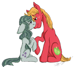 Size: 1024x919 | Tagged: safe, artist:loladotz, derpibooru import, big macintosh, marble pie, earth pony, pony, floppy ears, male, marblemac, nuzzling, shipping, simple background, sitting, stallion, straight