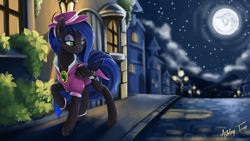 Size: 1024x576 | Tagged: safe, artist:arctic-fox, derpibooru import, oc, oc only, oc:rayne feather, clothes, dress, hat, mare in the moon, moon, night, solo