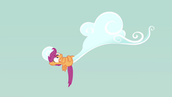 Size: 1280x720 | Tagged: safe, derpibooru import, screencap, scootaloo, pony, sleepless in ponyville, clinging, cloud, solo