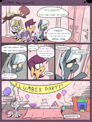 Size: 1235x1625 | Tagged: safe, artist:slitherpon, derpibooru import, apple bloom, diamond tiara, dinky hooves, scootaloo, silver spoon, sweetie belle, ghost, alternate universe, bouncing castle, comic, cutie mark crusaders, moody mark crusaders, party