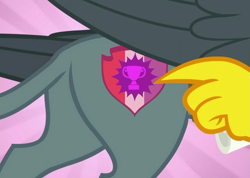 Size: 1445x1029 | Tagged: safe, derpibooru import, edit, edited screencap, screencap, gabby, griffon, the fault in our cutie marks, cutie mark, plot, pointing