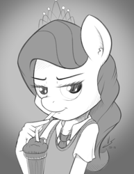 Size: 1700x2200 | Tagged: safe, artist:vsdrawfag, derpibooru import, diamond tiara, anthro, bedroom eyes, clothes, ear fluff, milkshake, monochrome, school uniform, schoolgirl, sketch, solo