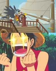 Size: 421x534 | Tagged: safe, derpibooru import, screencap, gabby, griffon, the fault in our cutie marks, meme, monkey d luffy, one piece, ship