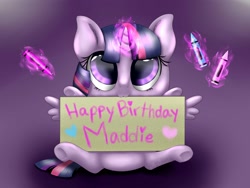 Size: 2000x1500 | Tagged: safe, artist:gittykitty264, derpibooru import, twilight sparkle, twilight sparkle (alicorn), alicorn, pony, glowing horn, happy birthday, sign, solo