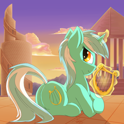 Size: 2000x2000 | Tagged: safe, artist:sea-maas, derpibooru import, lyra heartstrings, pony, unicorn, cloud, female, glowing horn, lyre, magic, mare, plot, smiling, solo, sunset, telekinesis