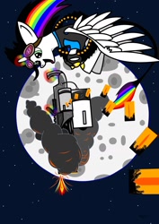 Size: 1240x1754 | Tagged: safe, artist:blue-woad, derpibooru import, oc, oc only, oc:lightning bliss, alicorn, pony, alicorn oc, goggles, minigun, moon, night, team fortress 2, tf2 analysis anarchy